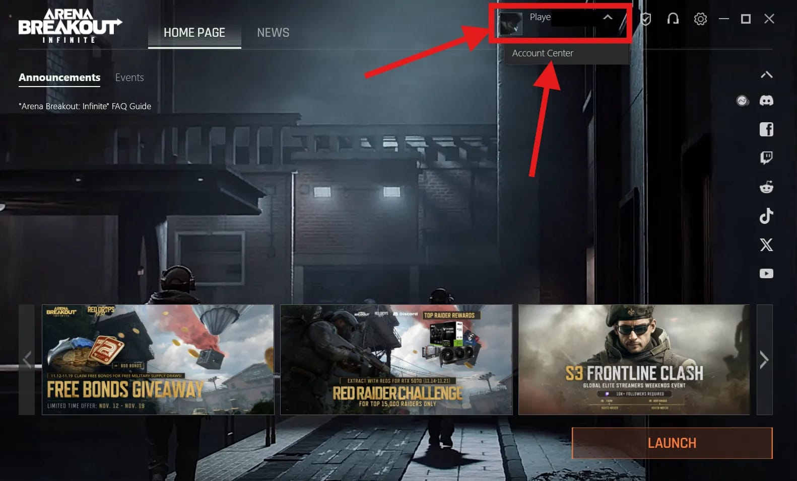 Arena Breakout: Infinite launcher Home Page showing profile avatar and Account Center dropdown