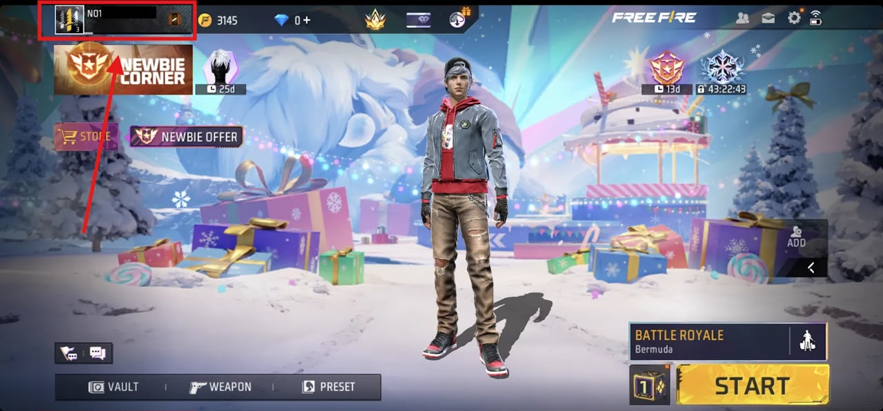 Free Fire main menu with username and avatar highlighted in the top-left corner