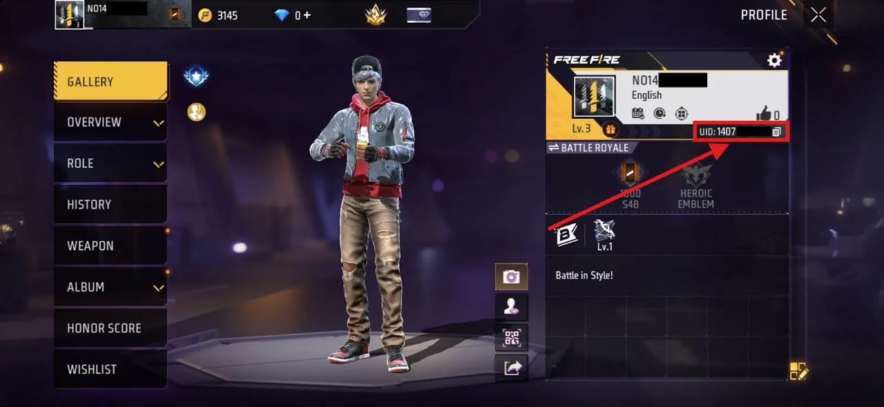 Free Fire Profile page with UID highlighted on the right side