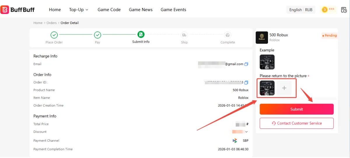 Roblox order detail — upload played-games screenshot